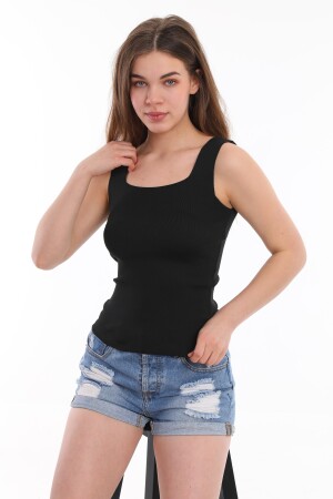 Damen-Bluse, schwarz, ärmellos, dicke Träger, Sportler, dünn, Sommer, quadratischer Kragen, Strickwaren - 2