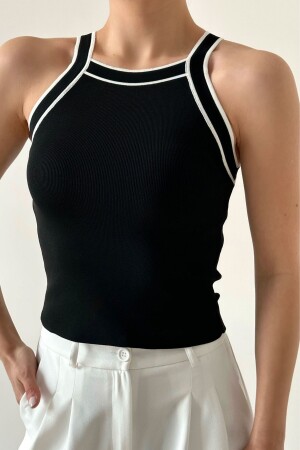 Damen-Bluse Ta390004 in Schwarz mit Neckholder und schmalem, weißem Streifen - 3