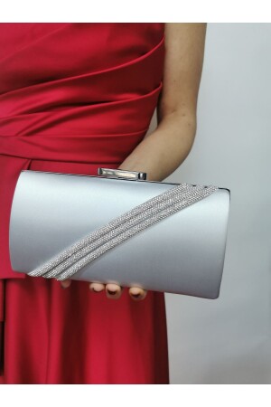 Damen-Clutch aus gesteintem Satin und Silber, für Abendkleid, Portfolio, Kettenriemen, Hand, Hochzeit, Verlobung, Nacht, Schultertasche - 3