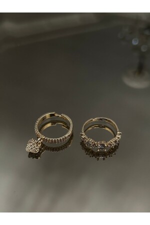 Damen-Doppelring-Set mit Zirkonsteinen und Gold - 7