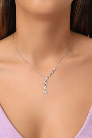 Damen-Halskette aus 925er-Sterlingsilber mit weißem Zirkon, Steinreihe, Sternmodell, Halskette bilsen96 - 2