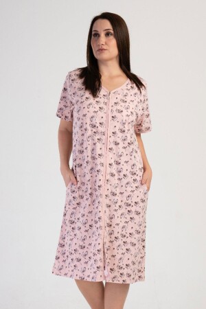 Damen-Hauskleid in Übergröße mit kurzen Ärmeln und Reißverschluss in Rosa C0T7N2113 - 1