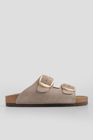 Damen-Hausschuhe aus echtem Leder, Hausschuhe mit doppeltem Riemen, Eva-Sohle, Poly, Beige - 3