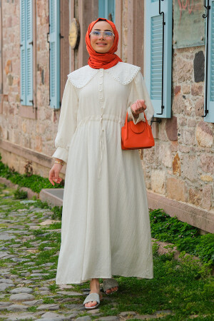 Damen-Hijab-Kleid mit Babykragen und Spitze, Ecru - 3