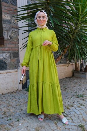 Damen-Hijab-Kleid mit geraffter Taille in Pistaziengrün - 6