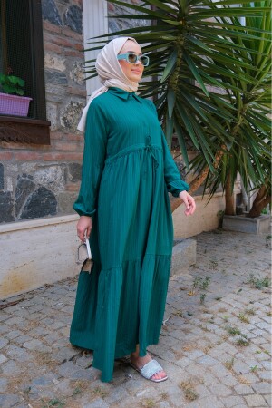 Damen-Hijab-Kleid mit geraffter Taille, Smaragdgrün, 120-8051 - 3