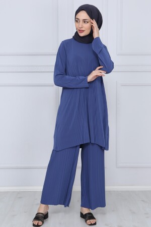 Damen-Indigo-Hose, Hijab-Tunika, plissiert, sandfarbener Doppelanzug 5219 - 1