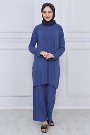 Damen-Indigo-Hose, Hijab-Tunika, plissiert, sandfarbener Doppelanzug 5219 - 2