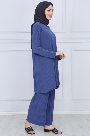 Damen-Indigo-Hose, Hijab-Tunika, plissiert, sandfarbener Doppelanzug 5219 - 3