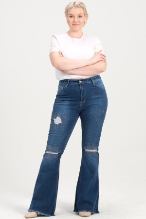 Damen-Jeans in Blau, große Größe, hohe Taille, volles Lycra-Flare-Leg, Laser-Stone-Jeans - 1