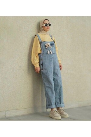 Damen-Jumpsuit in voller Länge mit Teddybär-Knopf und bequemer Passform, Denim-Overall mit verstellbaren Trägern - 1