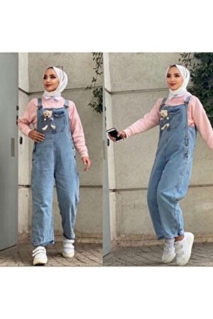 Damen-Jumpsuit in voller Länge mit Teddybär-Knopf und bequemer Passform, Denim-Overall mit verstellbaren Trägern - 1