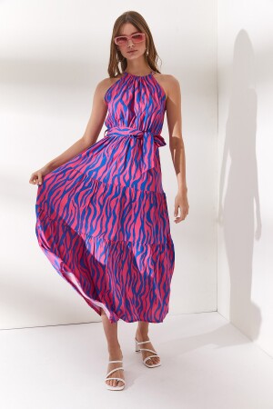 Damen-Kleid aus gewebtem Viscon in Zebra-Fuchsia mit Neckholder und Gürtel ELB-19001548 - 2