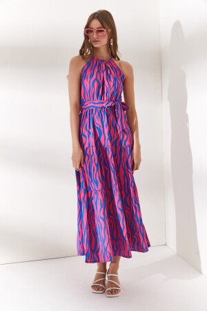 Damen-Kleid aus gewebtem Viscon in Zebra-Fuchsia mit Neckholder und Gürtel ELB-19001548 - 3