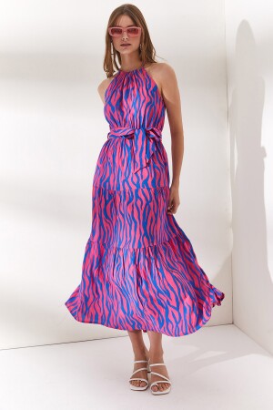 Damen-Kleid aus gewebtem Viscon in Zebra-Fuchsia mit Neckholder und Gürtel ELB-19001548 - 4