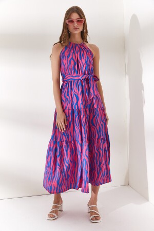 Damen-Kleid aus gewebtem Viscon in Zebra-Fuchsia mit Neckholder und Gürtel ELB-19001548 - 5