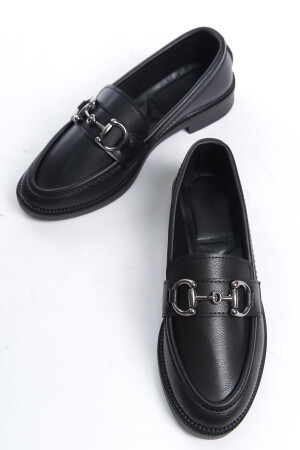 Damen-Loafer-Mokassin, schwarze Freizeitschuhe mit großer Schnalle - 1