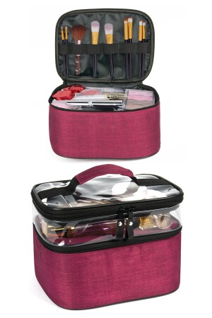 Damen-Make-up-Pflegetasche, Zubehör, Reiseset, täglich, 2 Fächer, transparenter Kosmetik-Organizer, Weinrot, MO70 - 2