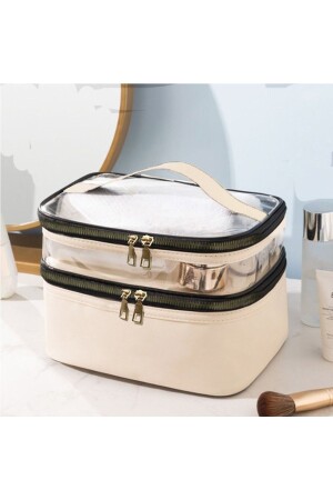 Damen-Make-up-Tasche aus beigem Leder, transparent, praktisch, stilvoll, Reise-Make-up-Tasche mit zwei Fächern und Reißverschluss - 1