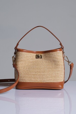 Damen-Mini-Eimer-Strohtasche im Raffia-Look in Braun - 2