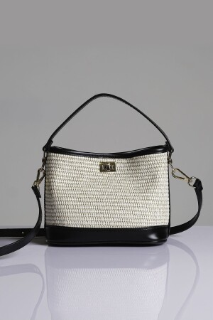 Damen-Mini-Eimer-Strohtasche im Raffia-Look in Schwarz - 2