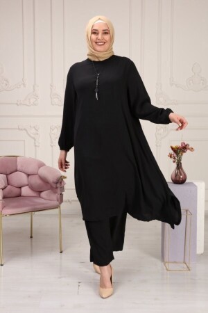 Damen Plus Size Mevlana Lockerer langer Ayrobin-Doppelanzug – Schwarz mit Halskette als Geschenk - 1