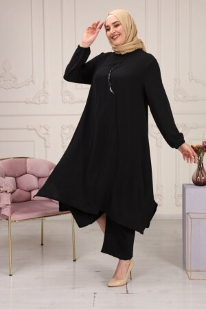 Damen Plus Size Mevlana Lockerer langer Ayrobin-Doppelanzug – Schwarz mit Halskette als Geschenk - 4