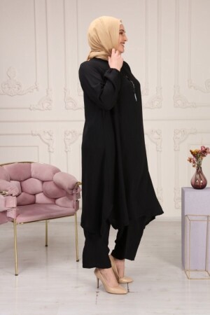 Damen Plus Size Mevlana Lockerer langer Ayrobin-Doppelanzug – Schwarz mit Halskette als Geschenk - 5