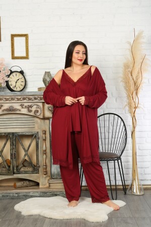 Damen-Pyjama-Set, großes Format, weinrot, dreifach - 1