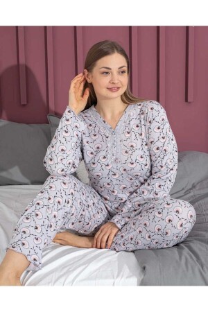 Damen-Pyjama-Set in Übergröße, geknöpftes Pyjama-Set aus Bambusstoff mit V-Ausschnitt und Spitze - 1