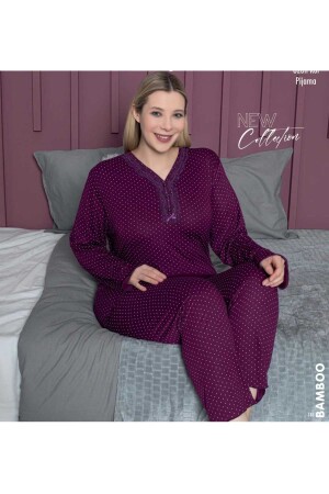 Damen-Pyjama-Set in Übergröße, geknöpftes Pyjama-Set aus Bambusstoff mit V-Ausschnitt und Spitze - 1