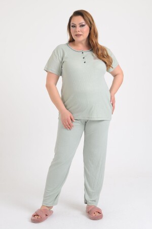 Damen-Pyjama-Set mit geknöpfter Stickerei und detaillierter grauer Übergröße Pmtk25340 - 1