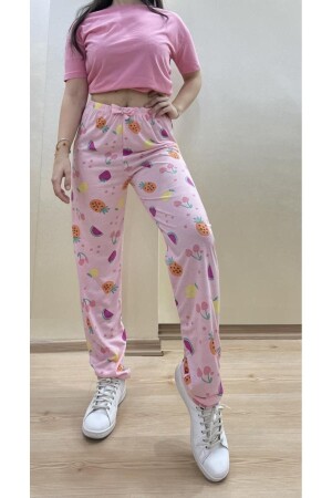 Damen-Pyjamahose aus 100 % Baumwolle mit elastischem Bund und Bandmuster, rosa Wassermelone - 1