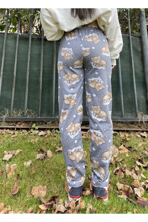 Damen-Pyjamahose aus Baumwolle mit Muster, Jogginghose, grauer Teddybär mit Schleife. RotationDrucken. ohne Tasche. Untere - 6