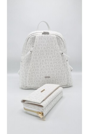 Damen-Rucksack mit 9 Fächern, geprägtem Aufdruck und Geldbörse in Weiß, Kombination 4040TM4040 - 4