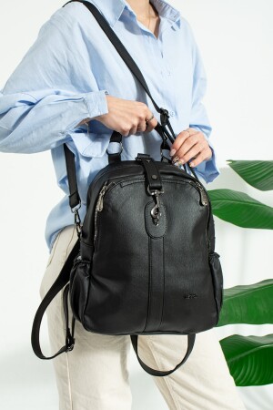 Damen-Rucksack und Umhängetasche aus weichem Leder 2134 Schwarz - 3
