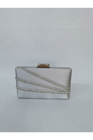 Damen Satin Stoned Silver Abendkleid Clutch Portfolio Abendtasche - 6