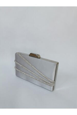 Damen Satin Stoned Silver Abendkleid Clutch Portfolio Abendtasche - 7