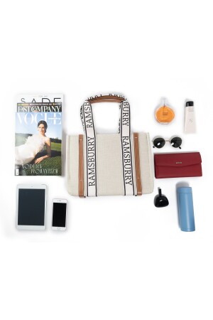 Damen-Schulter- und Handtasche aus cremefarbenem Canvas-Stoff, veganem Leder, detaillierte Baumwolle, R301 - 4