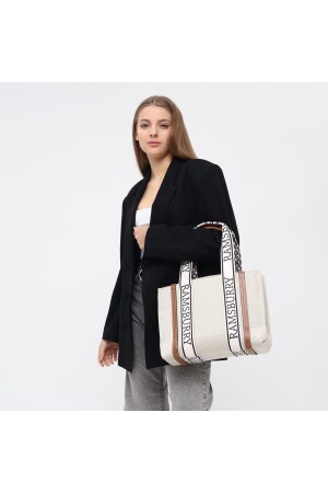Damen-Schulter- und Handtasche aus cremefarbenem Canvas-Stoff, veganem Leder, detaillierte Baumwolle, R301 - 7