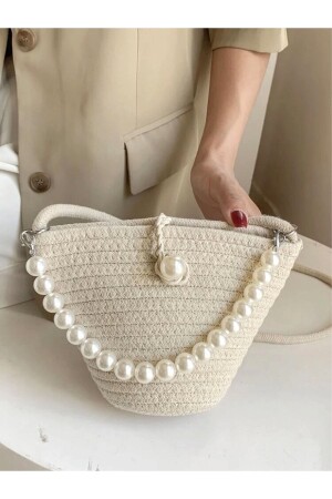 Damen-Schultertasche im Perlendesign in Off-White - 1