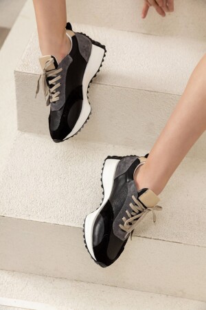 Damen Schwarz Täglich Bequeme Sportschuhe Sneaker Echtes Leder Walking Laufschuhe 4cm Orthopädisch Tin03 - 4