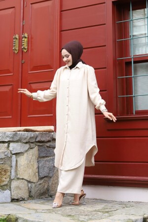 Damen-Sommerhemd mit Kragen vorne, Knopfdetail, Leinenstoff, Tunika-Hose, Übergröße, Hijab-Anzug - 4