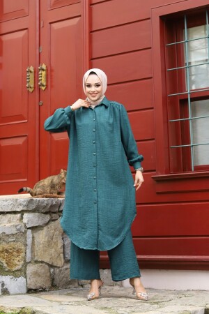 Damen-Sommerhemd mit Kragen vorne, Knopfdetail, Leinenstoff, Tunika-Hose, Übergröße, Hijab-Anzug - 2