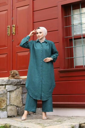 Damen-Sommerhemd mit Kragen vorne, Knopfdetail, Leinenstoff, Tunika-Hose, Übergröße, Hijab-Anzug - 3