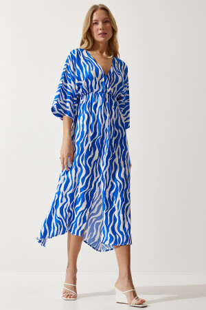 Damen-Sommerkleid aus Viskose in Blau und Weiß mit tiefem V-Ausschnitt CI00081 - Happiness İstanbul