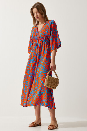 Damen-Sommerkleid aus Viskose in Orange und Blau mit Wickelkragen und Muster DK00166 - 1