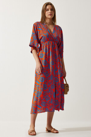 Damen-Sommerkleid aus Viskose in Orange und Blau mit Wickelkragen und Muster DK00166 - 2