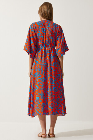 Damen-Sommerkleid aus Viskose in Orange und Blau mit Wickelkragen und Muster DK00166 - 4