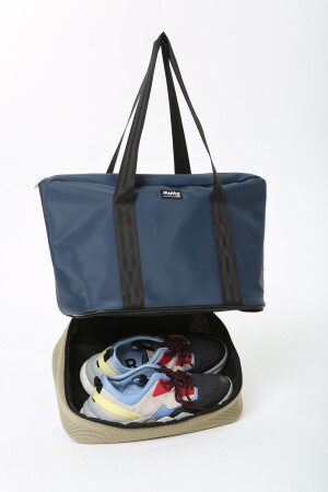 Damen-Sport- und Reisetasche aus marineblau-beigem Polyestergewebe mit Reißverschluss, Schultergurt und Schuhfach MTBGWMSPOR - 5